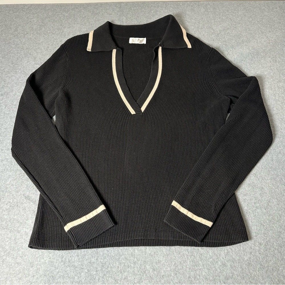 Ann Taylor LOFT Black Knit Polo Sweater Beige Trim‎ Long Sleeve Women